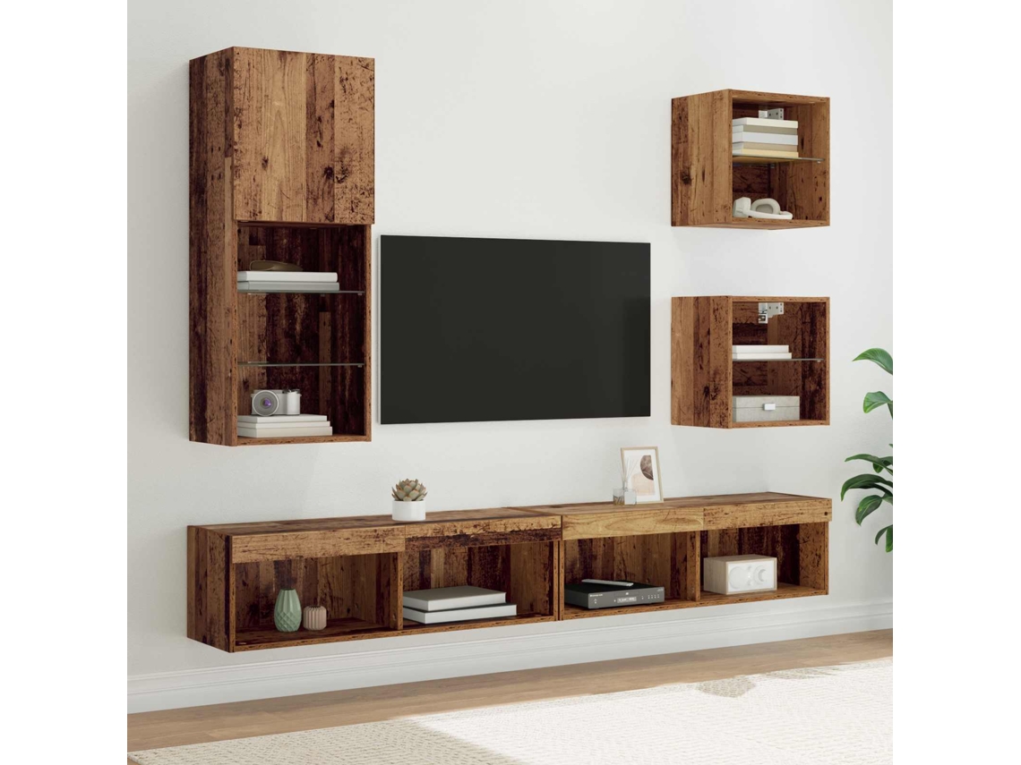 Vidaxl Unidades De Tv De Parede Com Led 5 Pcs Madeira Antiga
