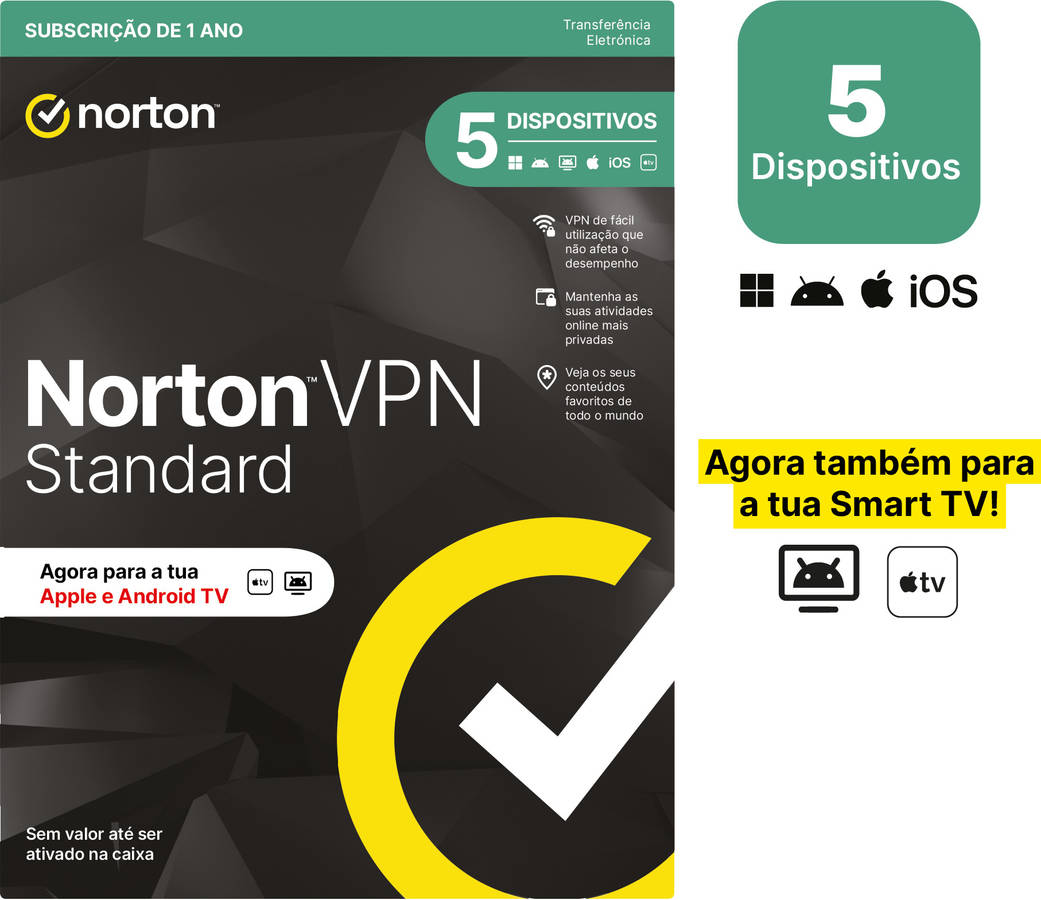 Software NORTON VPN Standard (5 Dispositivos - 1 ano - Apple e Android TV - Formato Digital)