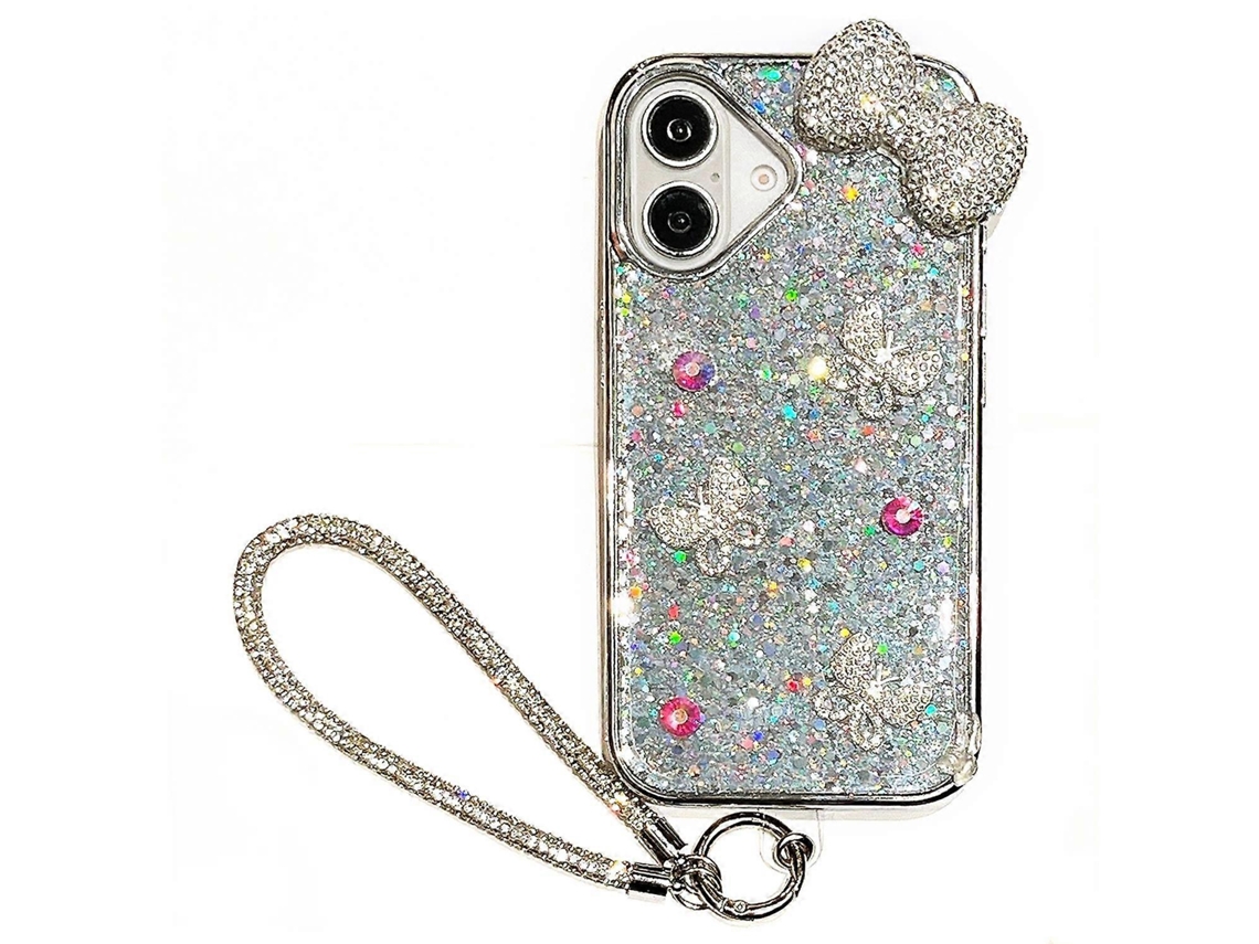 Capa Híbrida Epóxi Com Strass E Laço Para Iphone 16 Com Alça