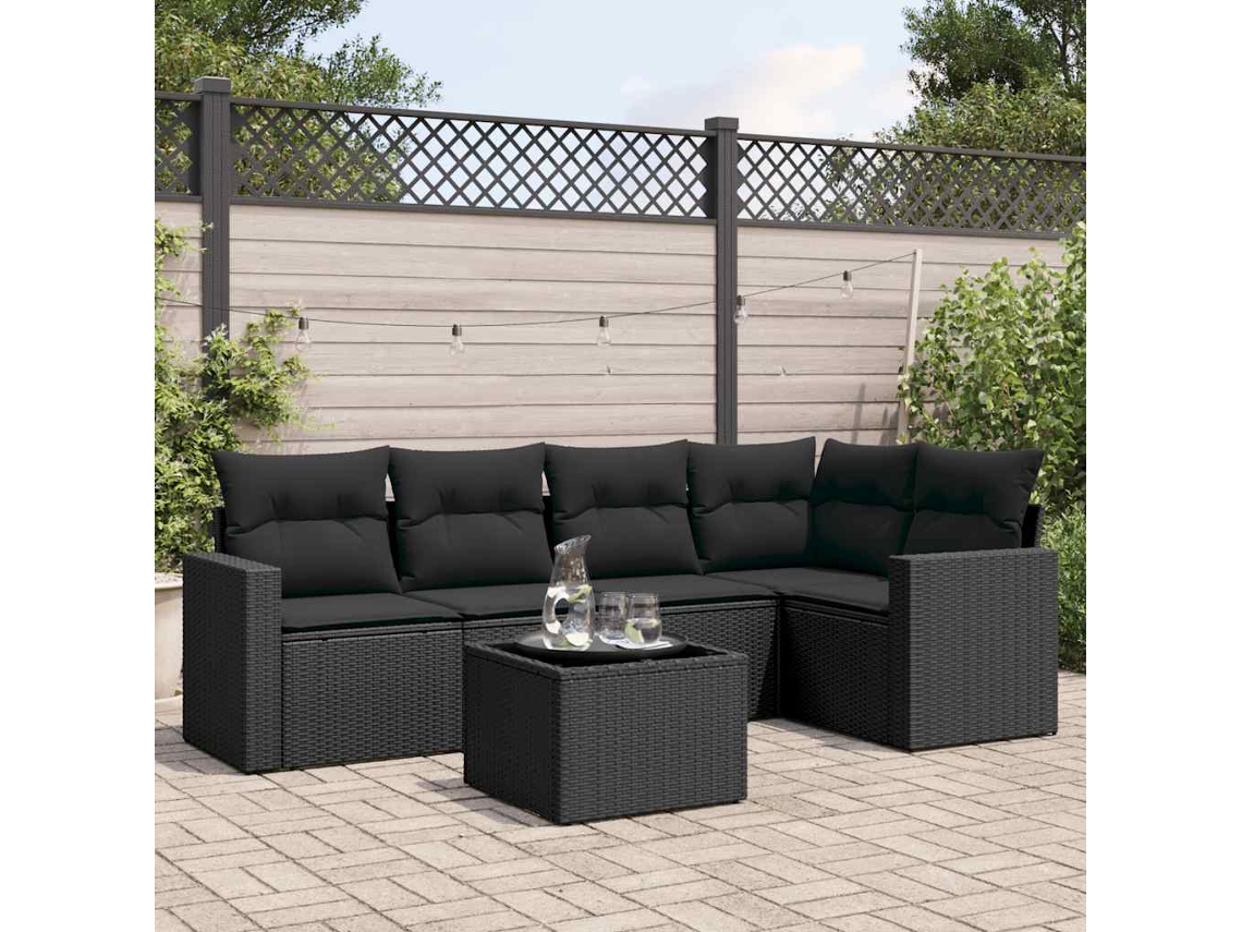 Vidaxl 6 Pcs Conjunto Sofás De Jardim C/ Almofadões Vime Pe Preto