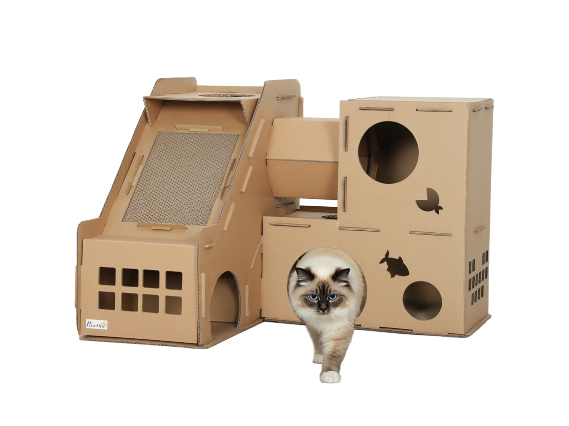 Casa Para S De Cartão Em Forma De Castelo Com 2 Níveis 3 Zonas De Arranhar Túnel E Rampa 78x66x57 Cm Castanho