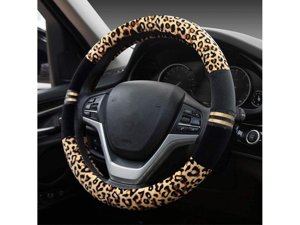 Capa de Volante de Carro Peluda Protetora Universal para Carro/caminhão/suv/van Diâmetro 38cm Estampa de Leopardo Amarela