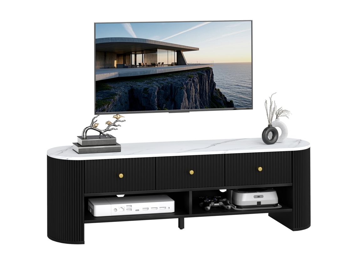Suporte para TV de 140 cm, suporte para TV de 65 polegadas com efeito mármore, 3 gavetas, frente cor canela, 2 laterais frontais -pt