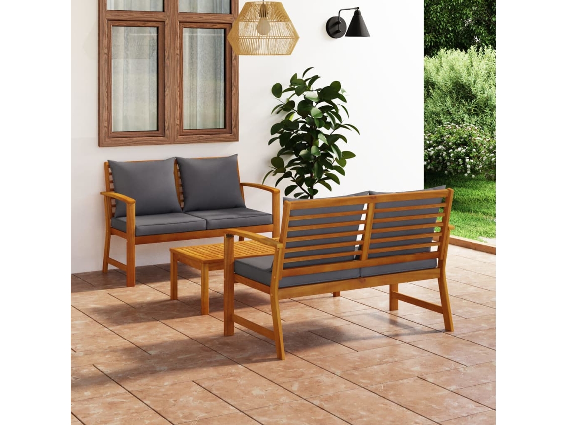 Conjunto Lounge De Jardim 3 Peças Com Almofadões Acácia Maciça Dkd Home Decor