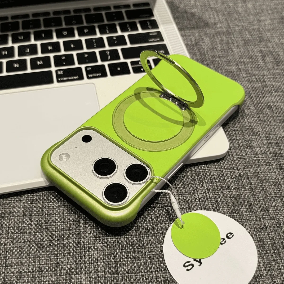 Capa Rígida De Couro Genuíno Sem Moldura (verde Para Iphone 16 Pro Max), Com Suporte De Anel De Metal E Magsafe.