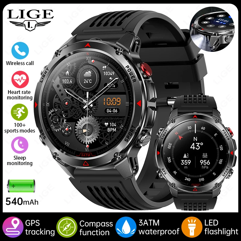 Smartwatch MDUG com GPS, tela Amoled de 1,46 polegadas, lanterna, bússola, altímetro, chamadas Bluetooth, resistência 3ATM