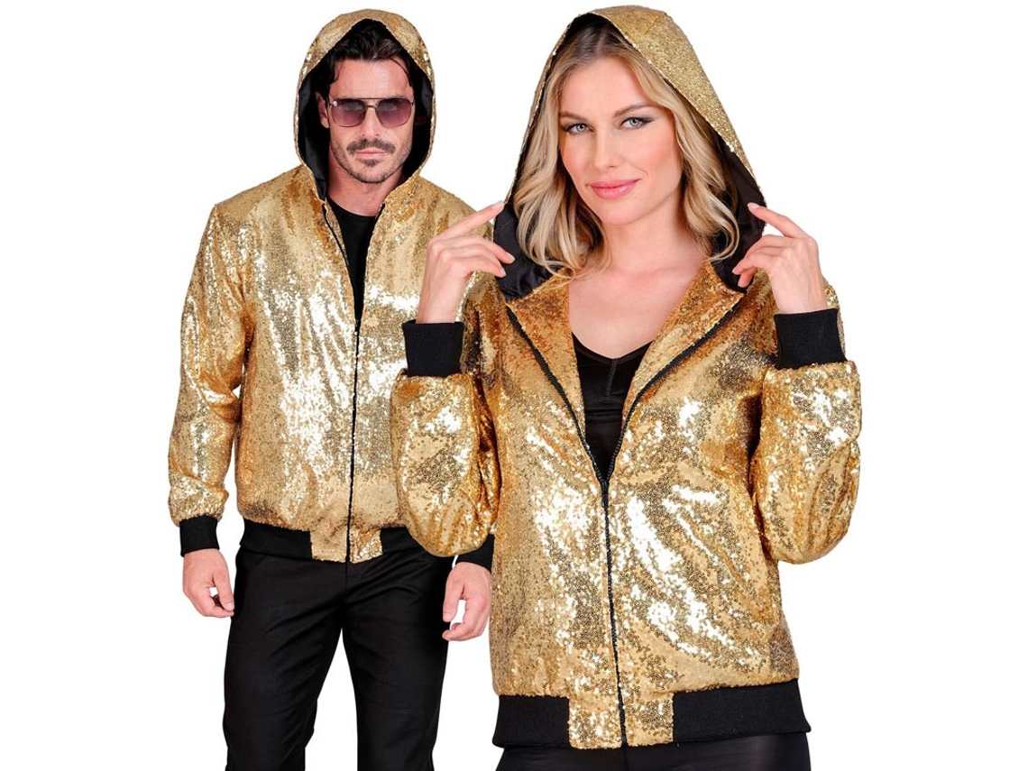 Casaco Bomber Dourado com capuz e lantejoulas para adulto