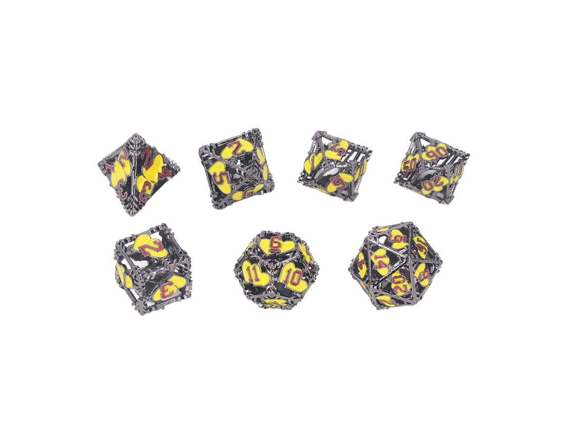 Conjunto Mali de 7 dados poliédricos de metal com números transparentes para jogos de Tabuleiro.