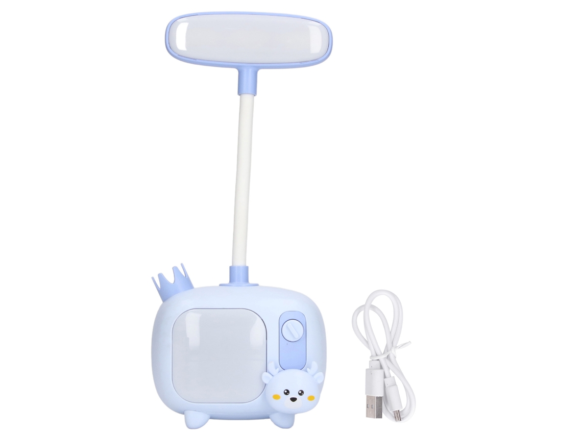 Luminária de leitura infantil com luz LED flexível, base USB, azul, para mesa de estudo.