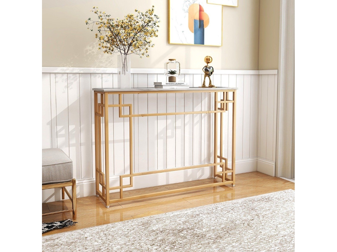 Mesa de Console Estreita com Tampo de Mármore e Estrutura Metálica Geométrica, Dourada NORTHIX