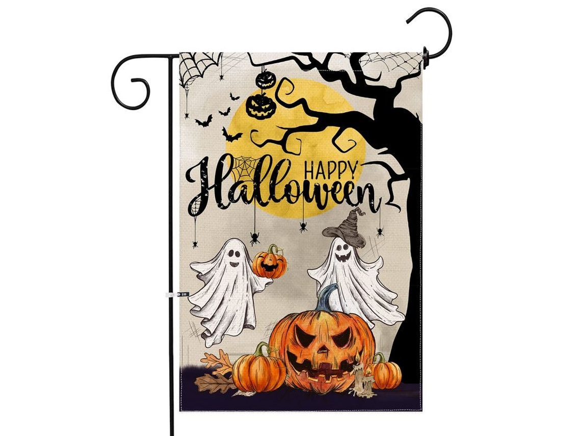 Bandera De Jardim De Halloween, Duas Faces Com Fantasma, Morcego E Abóbora Bonitas 12x18 Polegadas
