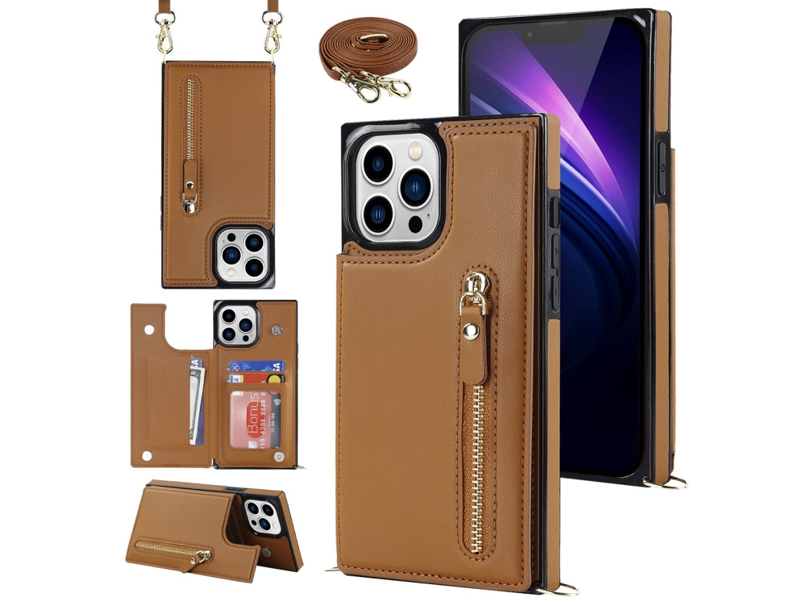 Capa Bloqueio Rfid Pega Para Iphone 15 Pro Max Pele Sintética Castanho