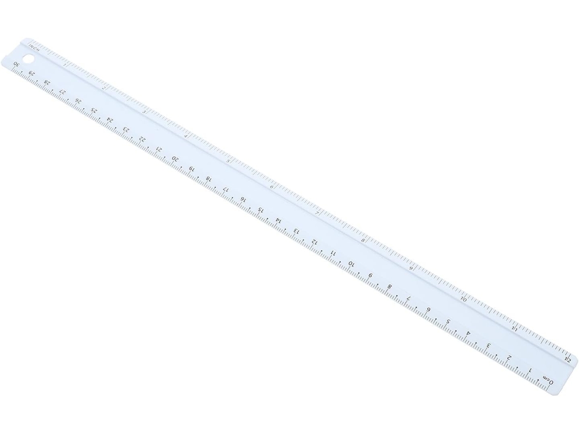 Régua linear de alumínio de 30 cm com escala métrica e marcações, ferramenta precisa para desenho e medição.