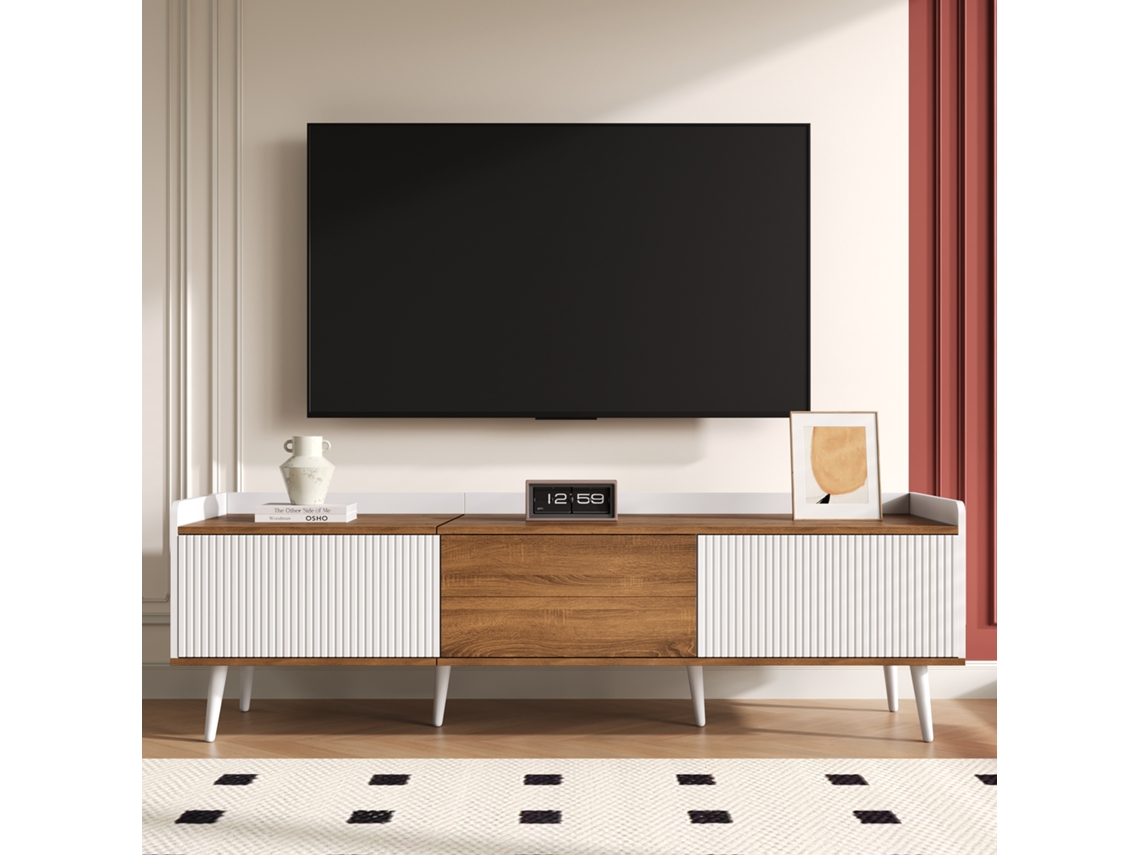 Móvel de TV para Tela de 80 polegadas, 180x32,5x50 cm, 3 Armários, 1 Gaveta, 5 Pés, Preto e Madeira KOMHTOM
