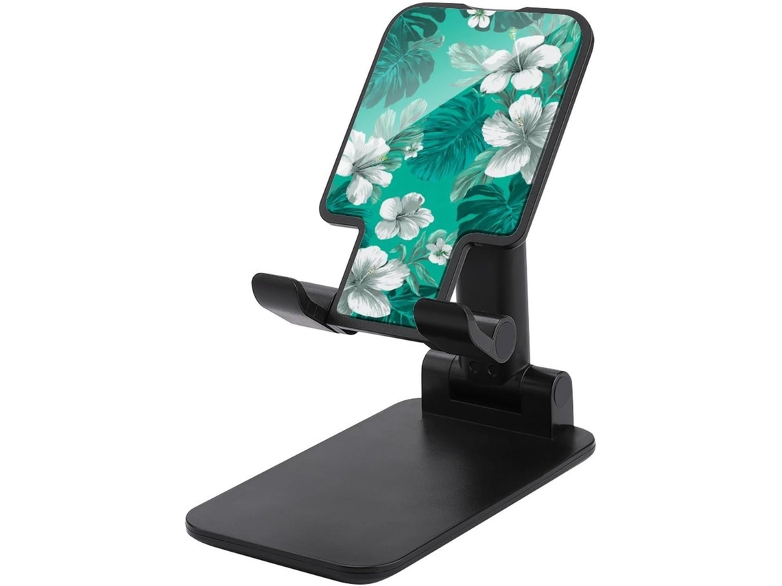 Suporte Dobrável E Ajustável Para Celular Com Estampa De Flores Tropicais Em Tons Azul Petróleo Branco