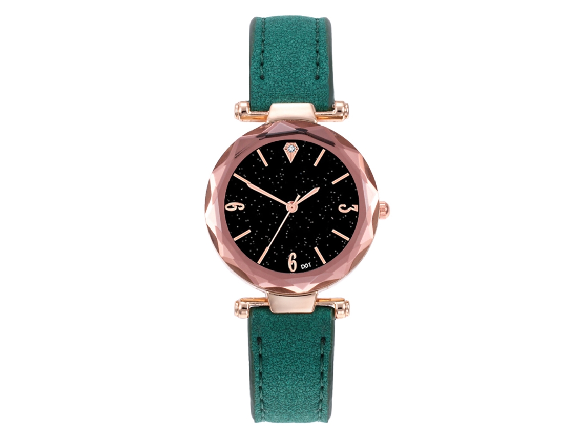 Relógio de Pulso Feminino de Quartzo com Pulseira de Couro Pu Mostrador Estrelar Strass Verde