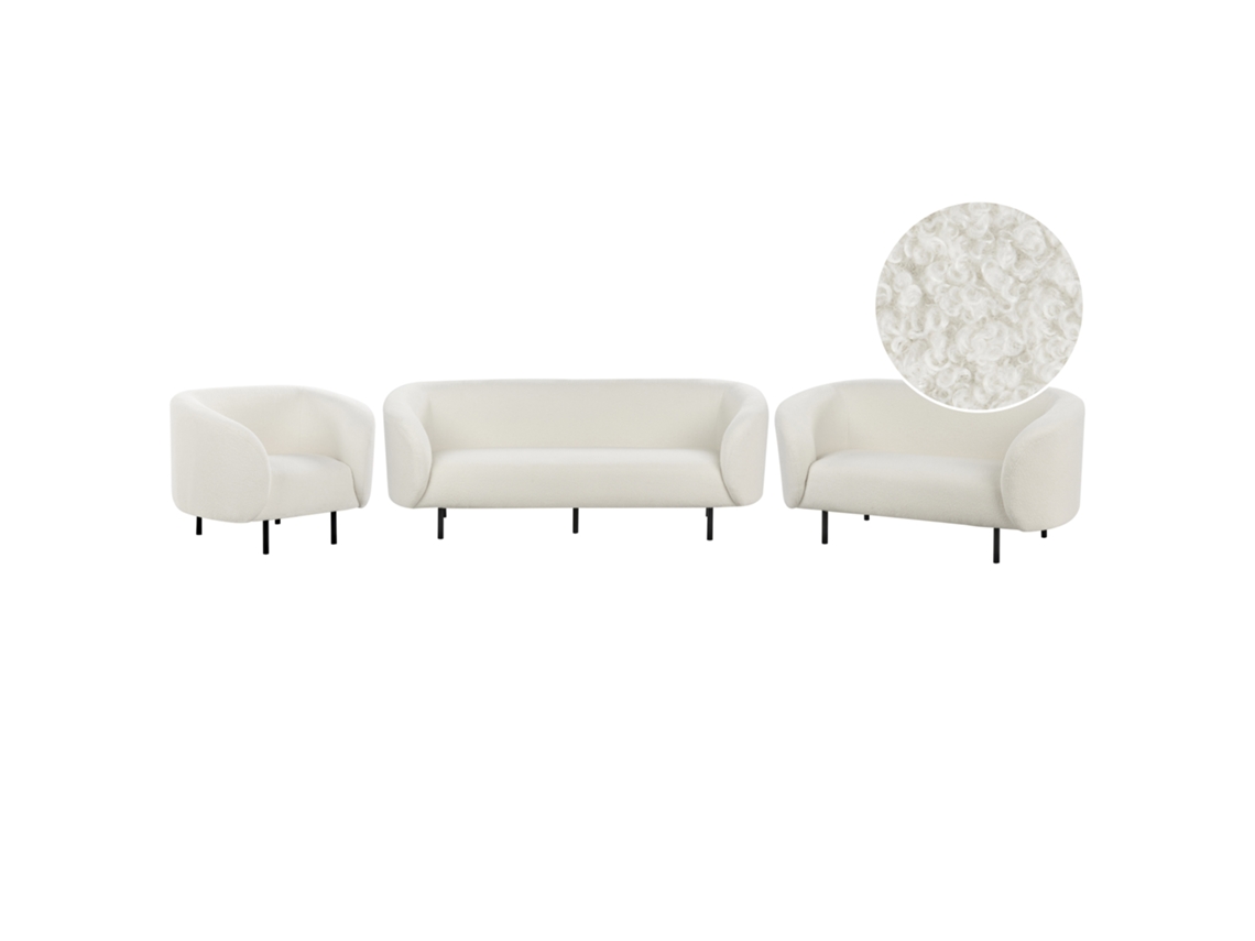 Conjunto De Sala De Estar Beliani Loen De Bouclé Blanco 200x70x79