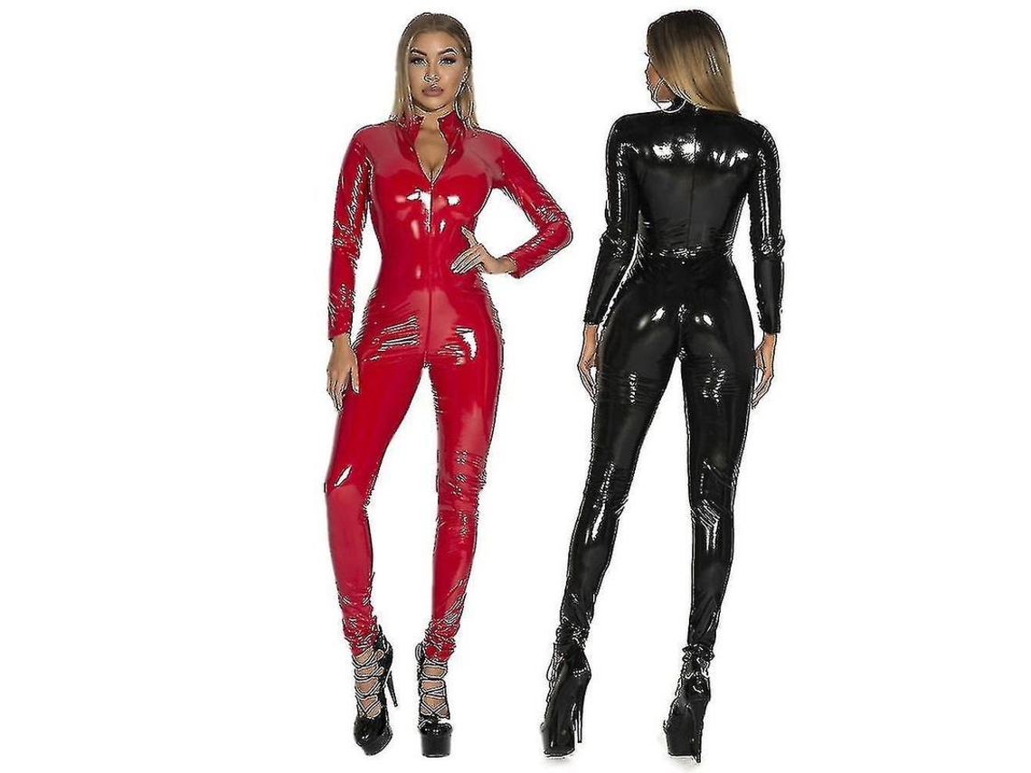 Macacão De Couro Falso Para Mulher Com Material Pu E Spandex Tipo Body Suit Padrão Liso Adulto Vermelho