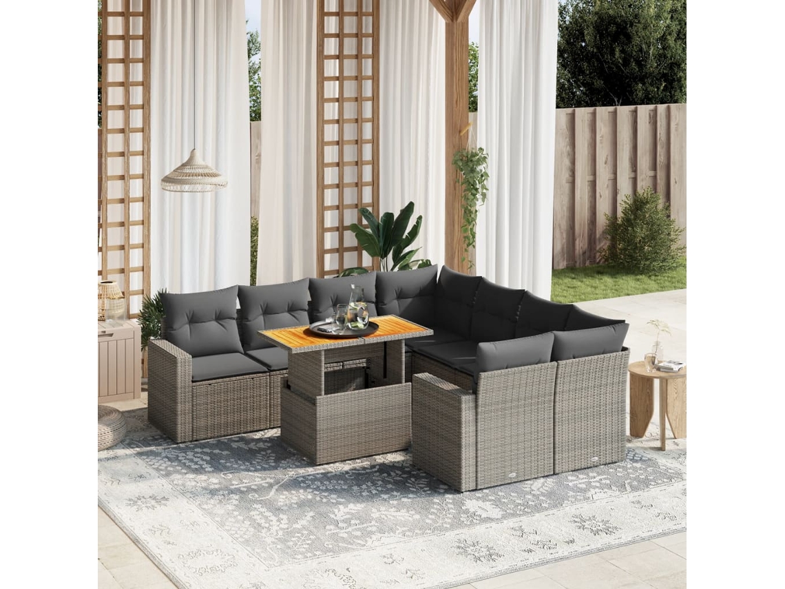 Vidaxl 9 Pcs Conjunto Sofás P/ Jardim Com Almofadões Vime Pe Cinzento