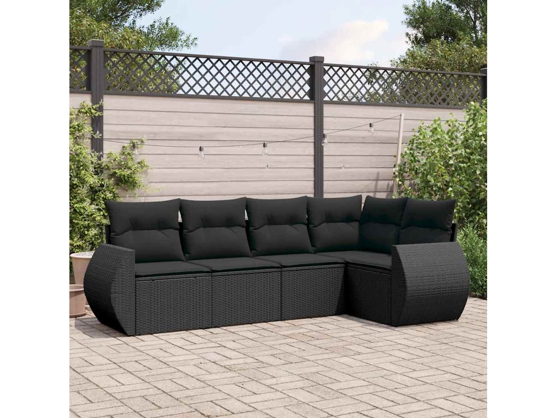 Vidaxl 5 Pcs Conjunto Sofás De Jardim Com Almofadões Vime Pe Preto