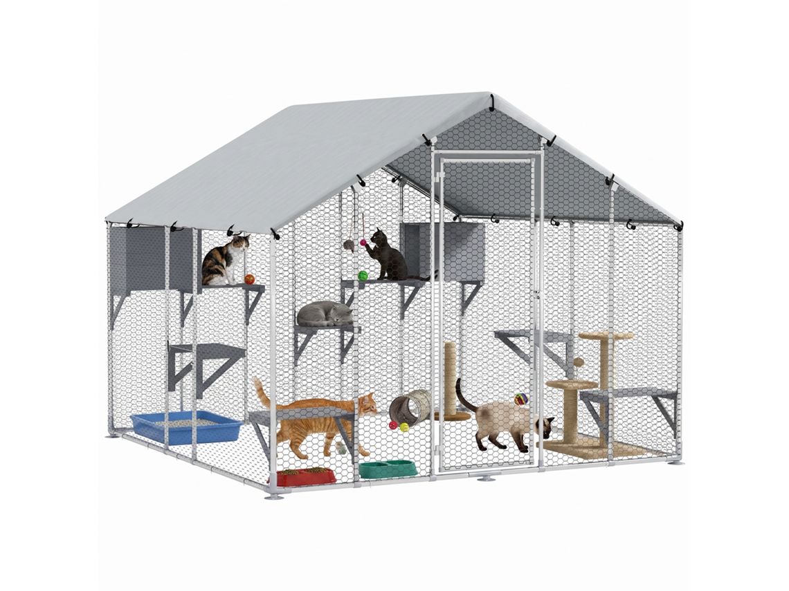 Gaiola Grande Exterior Com 2 Casinhas 7 Plataformas Para Saltar Cobertura Impermeável E Anti-uv 240x193x195 Cm Prata