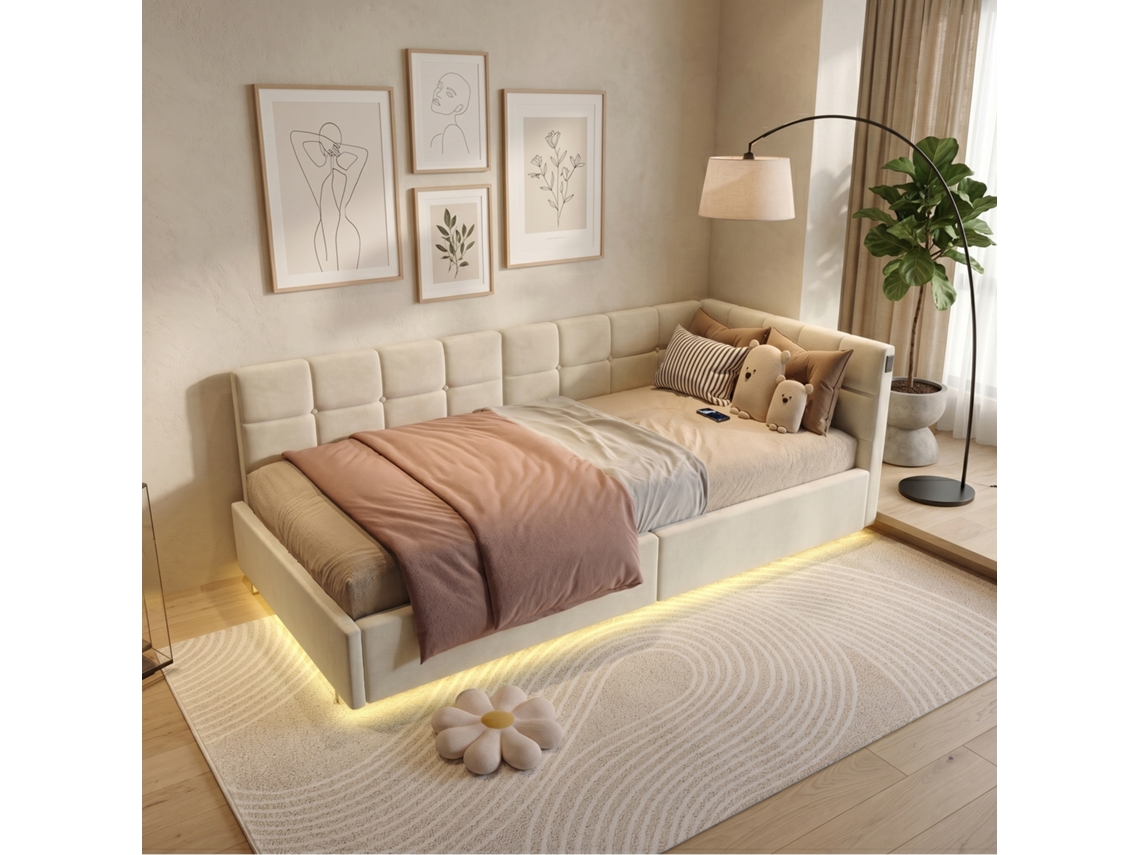 Cama De Dia 90x200 Cm Estofada Com Arrumação Hidráulica, Led, Usb E Tecido Aveludado, Sofá Durante O Dia, Encosto Confortável, Bege