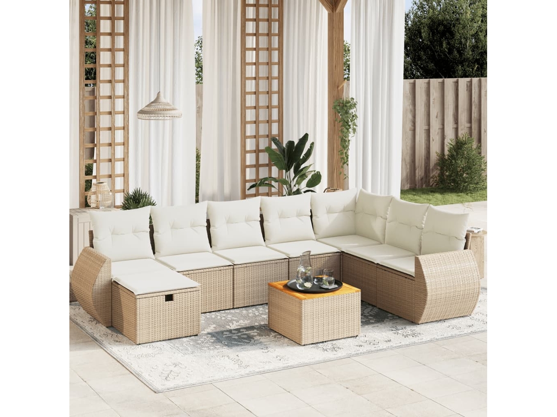 Vidaxl 9 Pcs Conjunto de Sofás P/ Jardim com Almofadões Vime Pe Bege