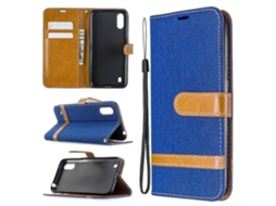 Capa De Couro Com Textura De Jeans Na Cor Do Carro, Com Aba Horizontal, Suporte, Compartimentos Para Cartões, Carteira E Cordão Para Galaxy A01.