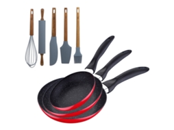 Jogo De 3 Frigideiras Bergner Em Mármore Vermelho Marinho, Ø16ø20ø24cm, Com Utensílios De Cozinha.