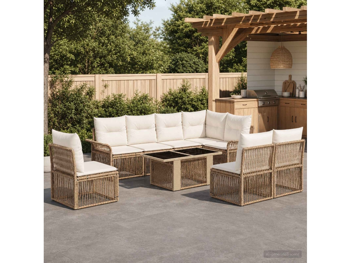 Vidaxl Conjunto De Sofá De Jardim 9 Unid. Bege E Branco Creme Vime Pe
