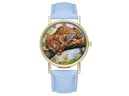 Reloj De Cuarzo Unisex Con Correa De Cuero Pu Moda Dial Leopardo Azul Claro