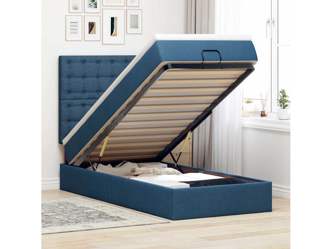 Cama Otomana Com Colchão Leds Tecido Azul 100x200 Cm