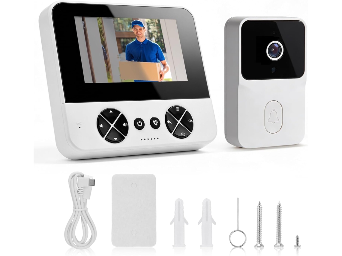 Campainha de Video Sem Fios HALINUIA 1080p Hd Ecrã Ips 4,3" Ip65 Visao Noturna Infravermelha Audio Bidirecional Bluetooth para Exterior