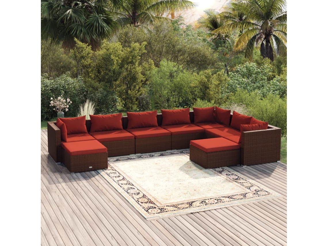 Vidaxl 9 Pcs Conjunto Lounge Jardim C/ Almofadões Vime Pe Castanho