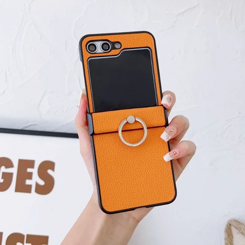 (laranja, Galaxy Z Flip4) Capa Flip Para Celular Em Couro Com Textura De Lichia, Resistente A Quedas, Com Suporte De Anel De 360°.