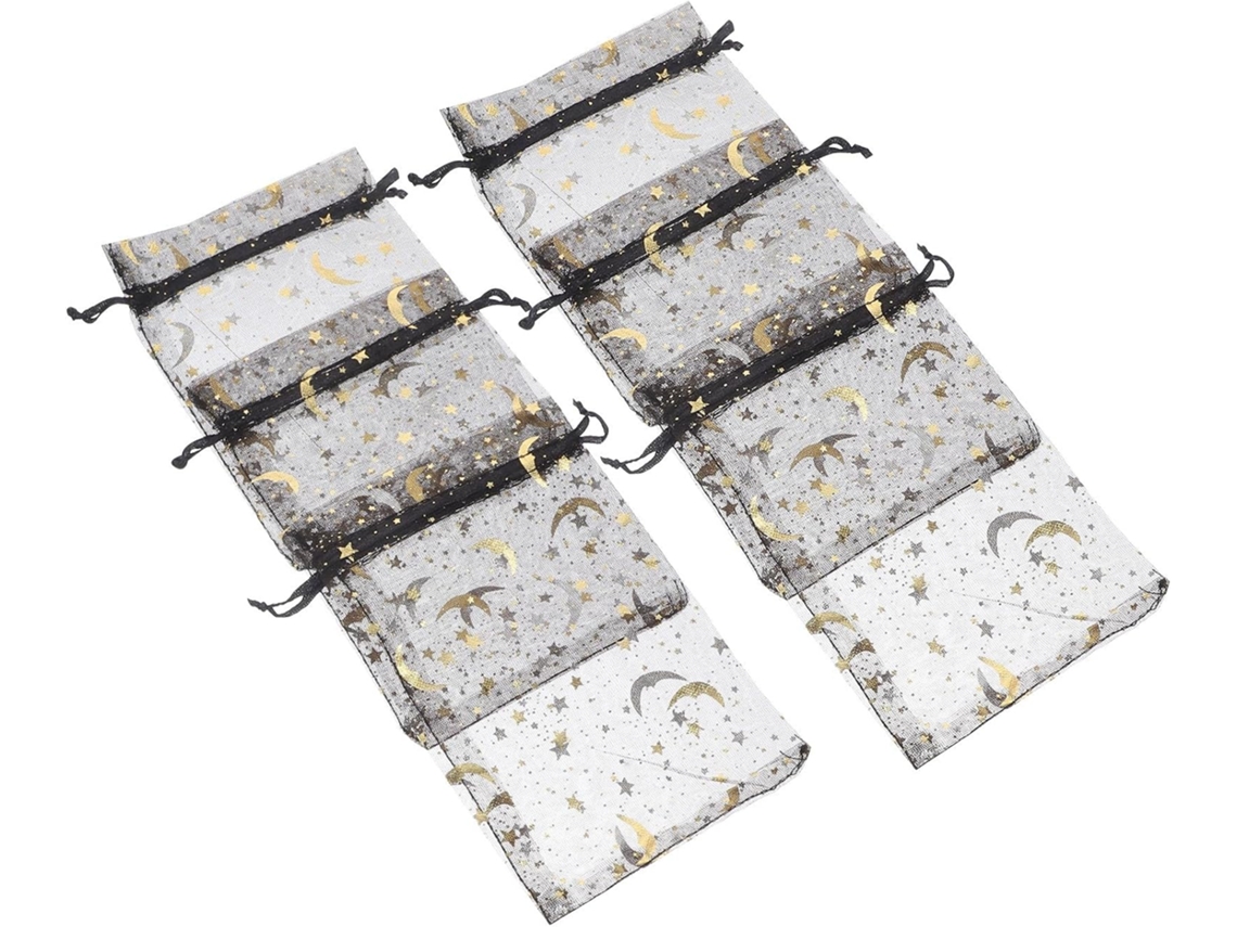 Pacote Com 50 Sacolas Pretas De Tecido Com Cordão, Estrelas E Lua Douradas