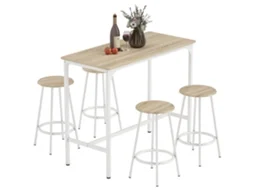 Conjunto De Móveis Altos De Bar Com 5 Peças, Mesa De Refeição Industrial E 4 Bancos Redondos, Madeira E Branco