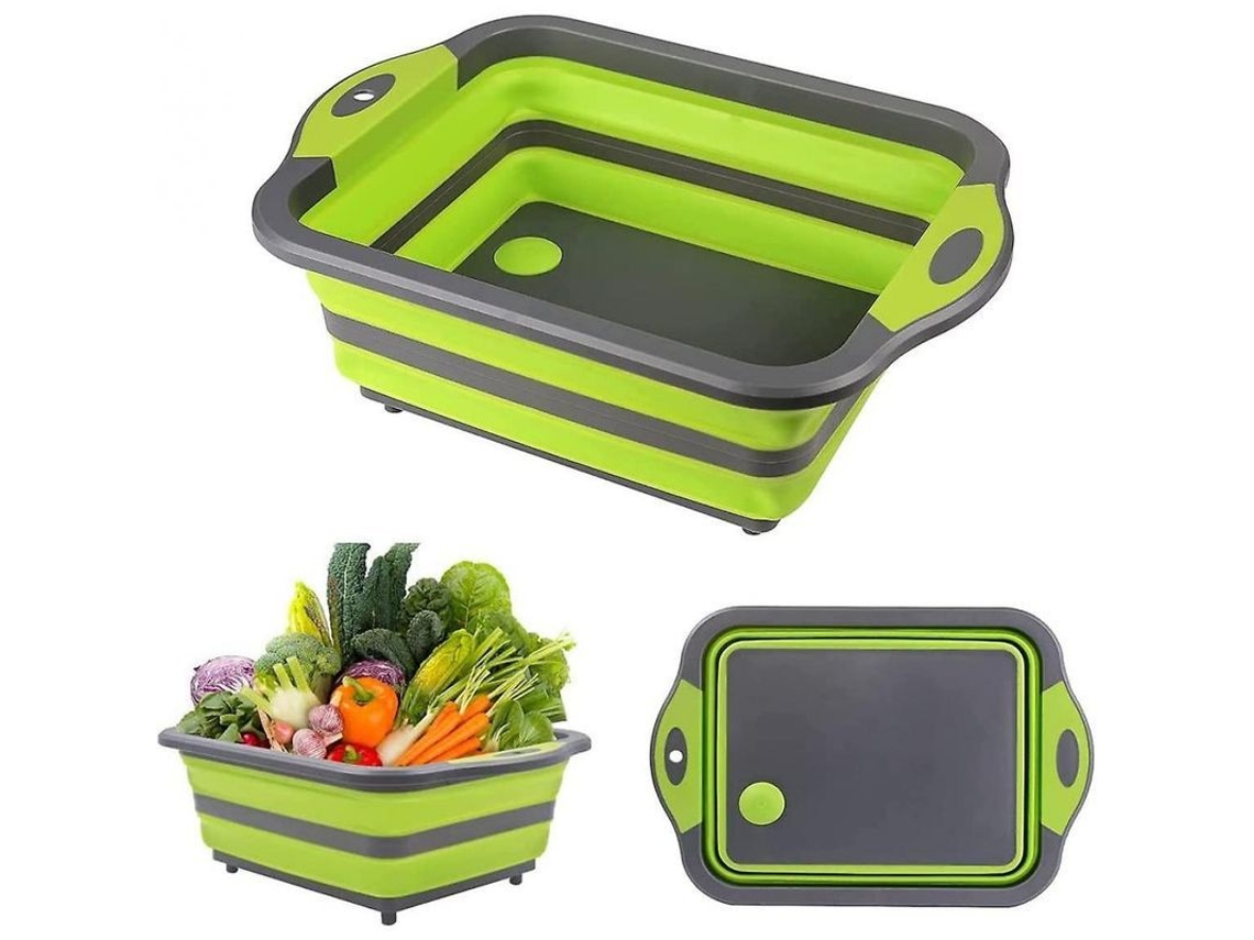 Tigela e tábua de corte dobráveis 4 em 1 2026, próprias para camping e lava-louças, silicone PP, 8L, verde.