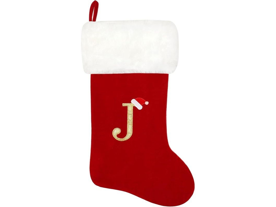 meia de natal 20 polegadas veludo vermelho com punho de pelúcia branca macia bordada letra j clássica