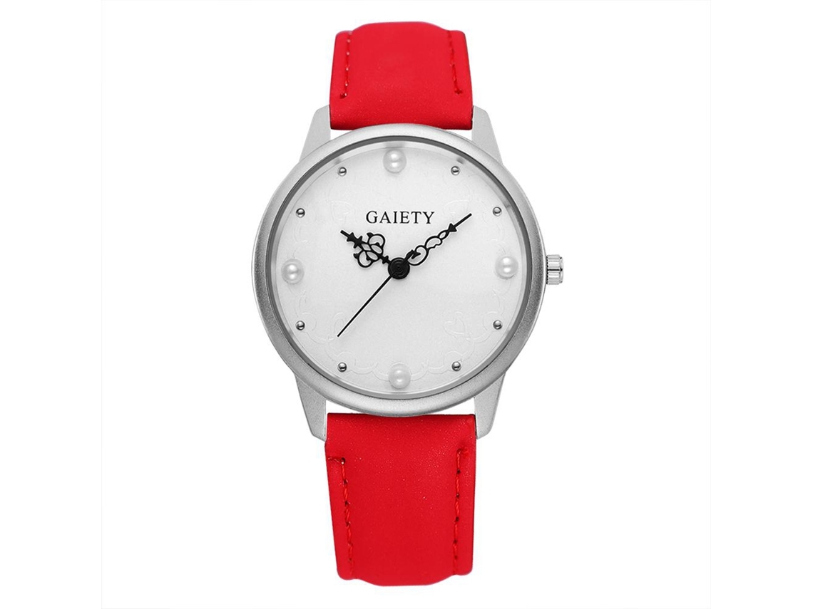 Relógio de pulso feminino Gaiety, estilo simples, mostrador redondo com pérolas artificiais (vermelho)