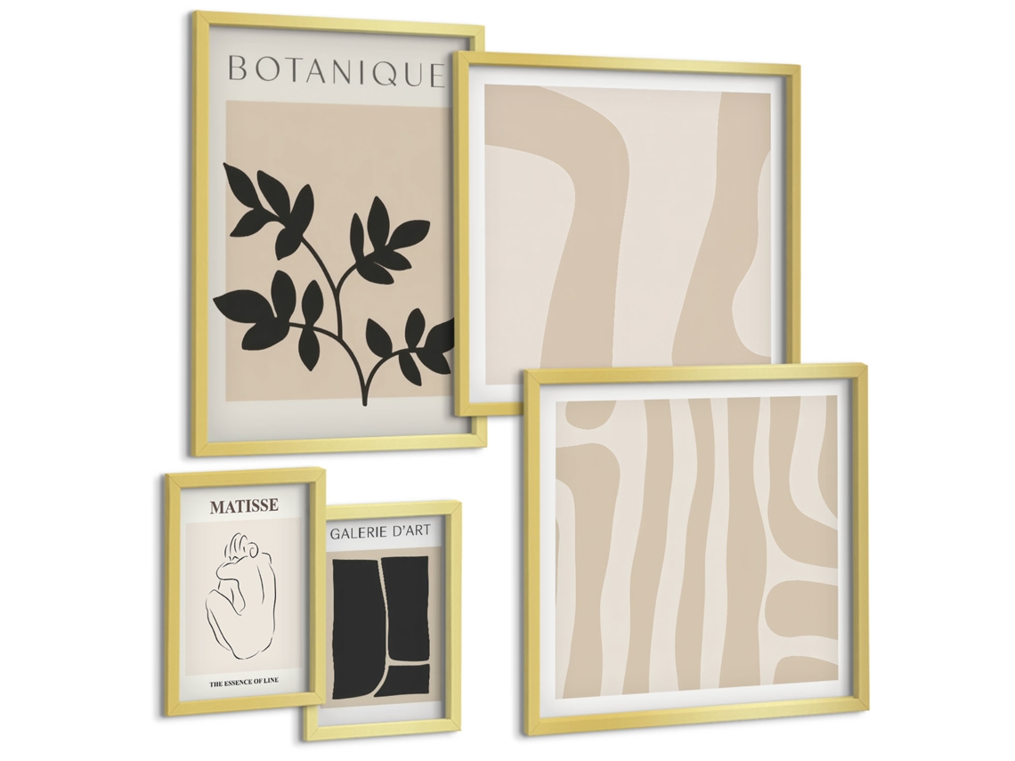 Quadros Decorativos Para Parede Formas Abstratas Em Bege E Cinza Moldura Dourada Quadros Para O Escritório Espelharte (conjunto De 5 Imagens)