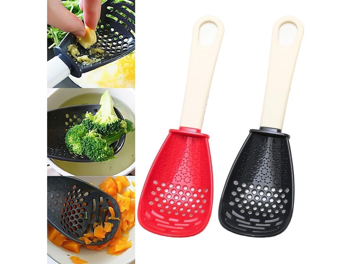 2026 cuchara Multifuncional de Cozinha, Ferramenta de Plástico, Coador, Triturar Alho, Puré de Batata, Resistente Ao Calor, Vermelho e Preto