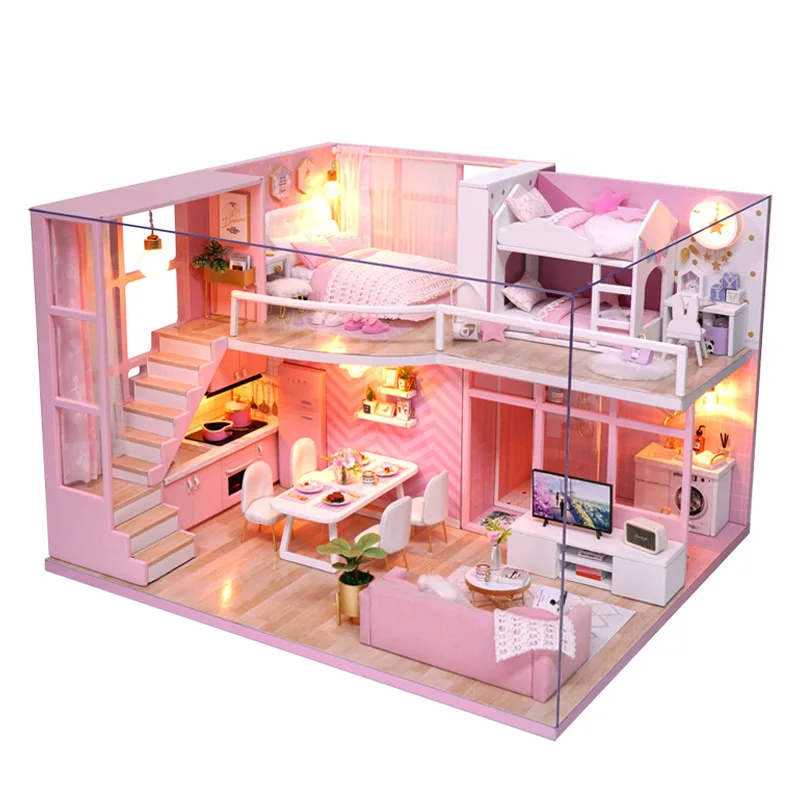 Miniatura Diy da Vila Dos Sonhos do Anjo Rosa, Casa de Bonecas 3d de Madeira MDUG