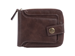 Carteira de couro PU retrô trifold com zíper e fivela para homem, grande capacidade, dark coffee | S/MARCA
