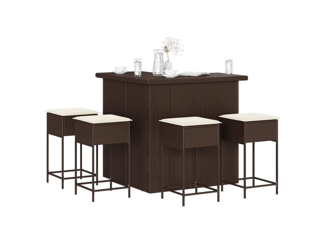 Vidaxl 5 Pcs Conjunto De Bar P/ Jardim C/ Almofadões Vime Pe Castanho