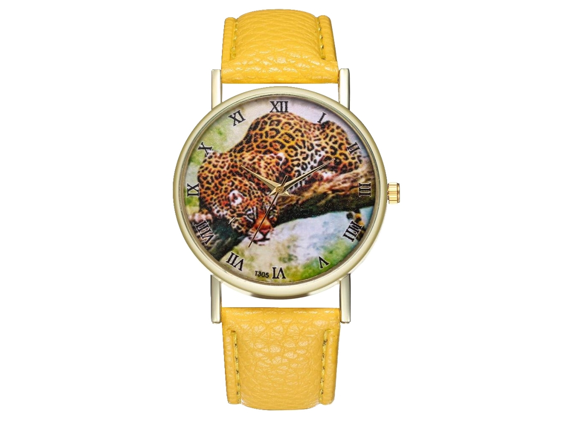 Relógio de quartzo unissex com pulseira de couro PU, mostrador de estampa de leopardo, amarelo, fashion