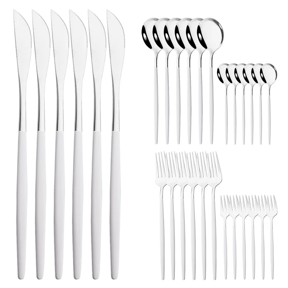 Conjunto de Talheres de Aço Inoxidável Prateado com 30 Peças, Incluindo Faca, Garfo para Frutas, Colher, Etc. MDUG