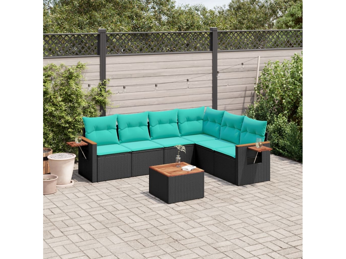 Vidaxl 7 Pcs Conjunto De Sofás P/ Jardim C/ Almofadões Vime Pe Preto