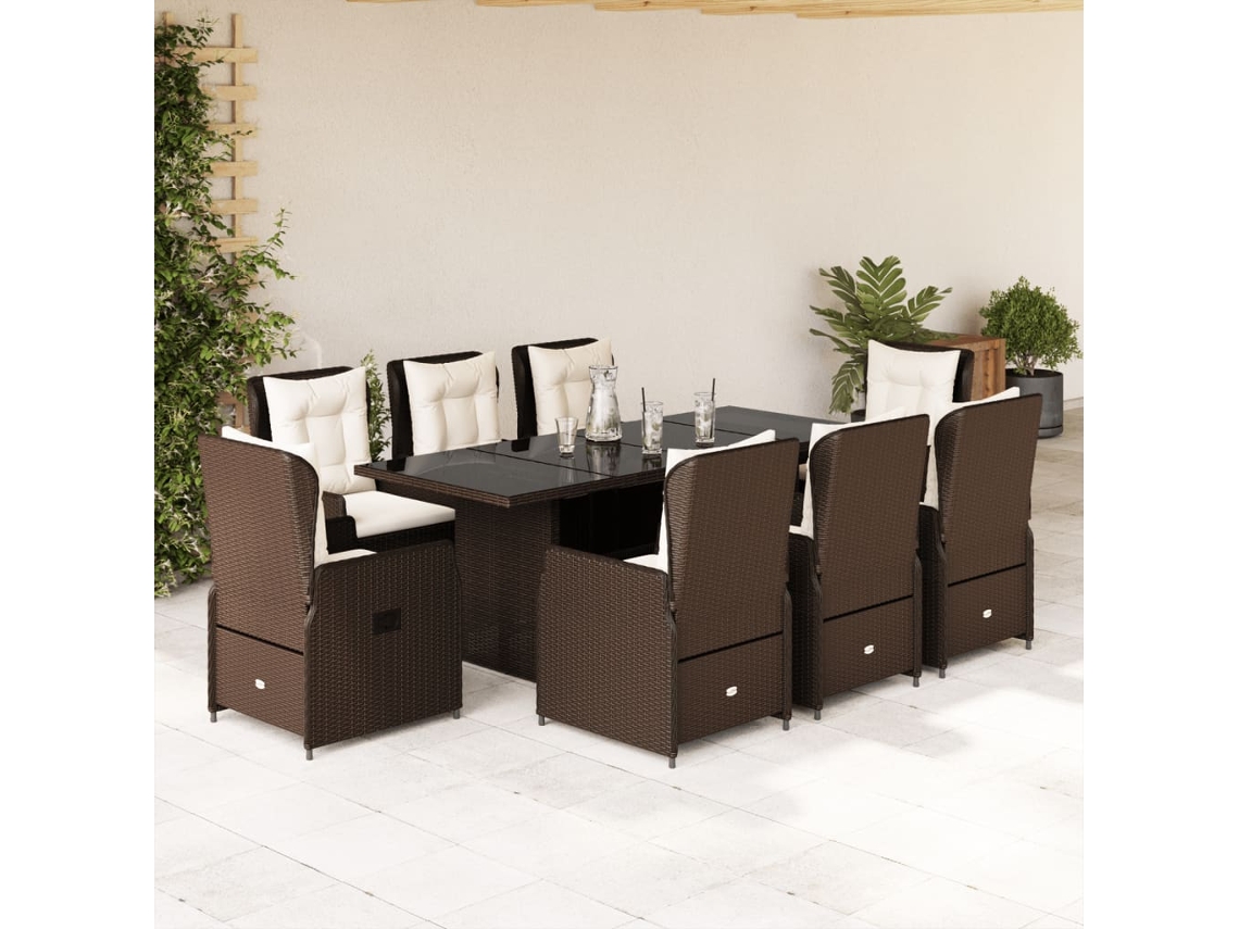 Vidaxl 9 Pcs Conjunto Jantar P/ Jardim C/ Almofadões Vime Pe Castanho