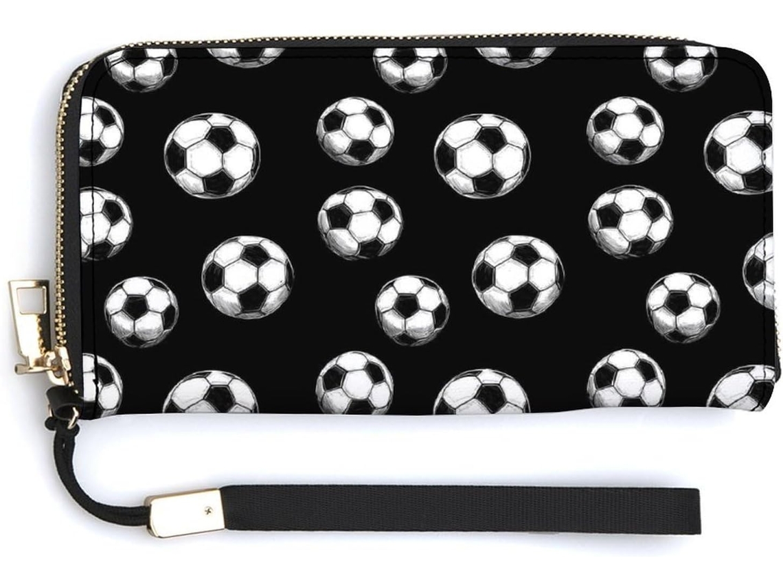 Carteira Feminina Estampa Futebol Preto Compartimentos Zíper Viagens